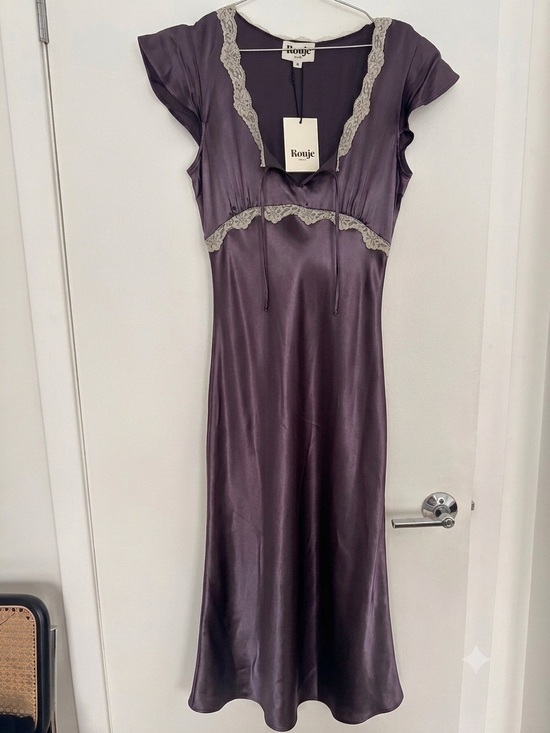 Rouje Dresses & Skirts - Rouje Plum Satin Slip Dress with Light Gray Lace